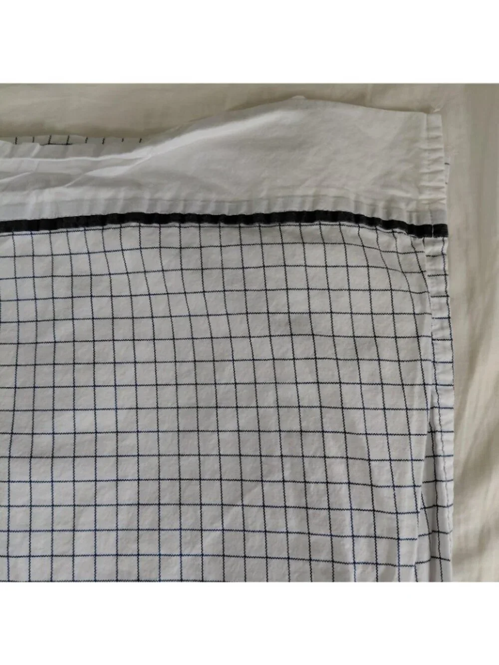 Nautica Queen Flat Sheet 85x101 White Navy Grid Check Cotton Bedding Flaws